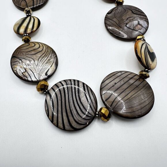 DONNA DRESSLER Necklace Mother of Pearl Round Disk Black Tan Crystal 925 19"-22" - Picture 6 of 6